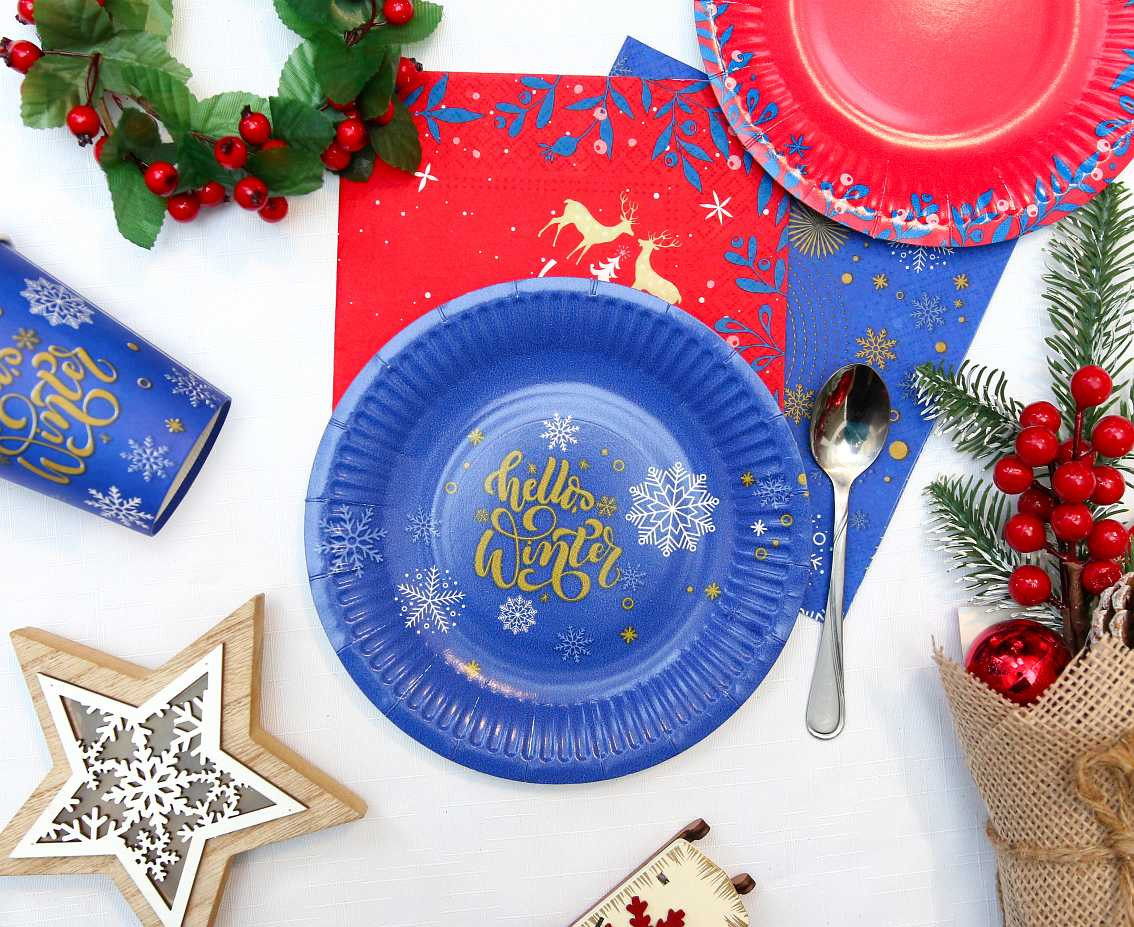 Paper plates Navy Blue, snowflakes, 18 cm/ 6 pcs. EOL